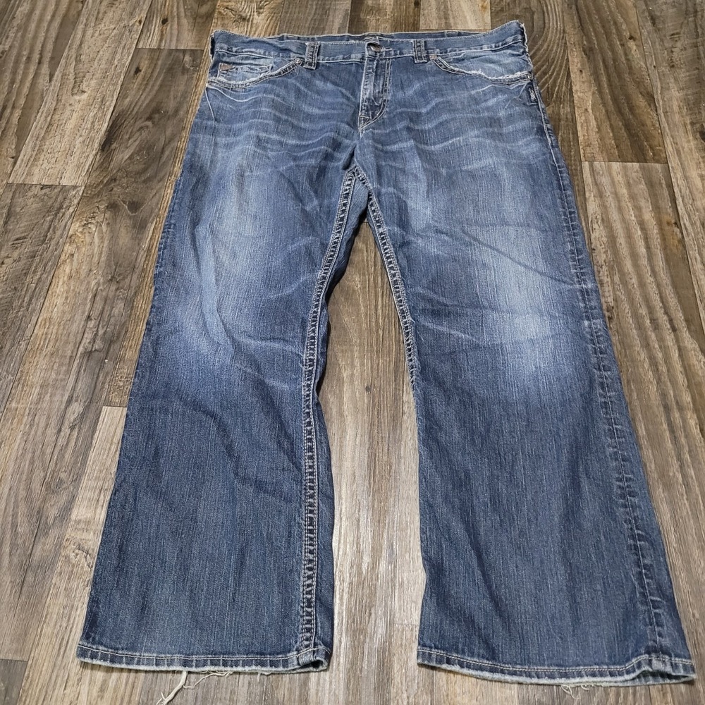 Silver Jeans Men 40x30 Blue ZAC Flap Pocket Relaxed Bootcut Distressed Whiskered